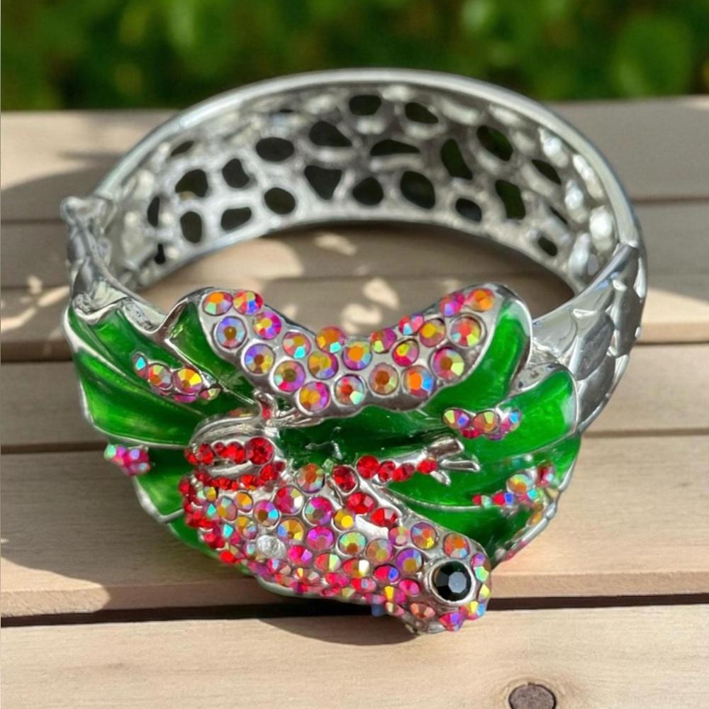 Vintage Cuff Bracelet with Embellished Frog on a Lilly Pad - Picture 2 of 7